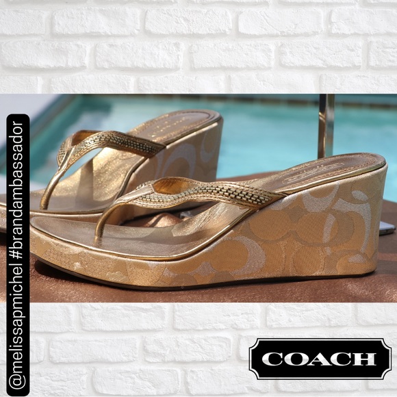 NWT Coach Vintage Women’s Lannie Leather Gold Metallic Cork Wedge Thong … - Picture 5 of 6